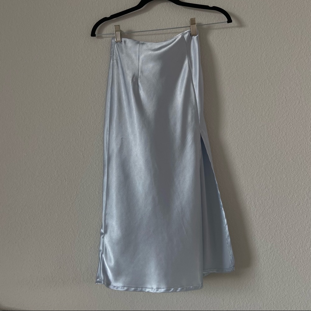 Light blue satin midi skirt